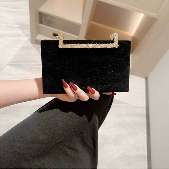 Handbags - Elegant Black Clutch with Gold Handle